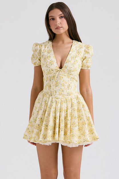 Buttercup Print Pleated Cotton Mini Dress