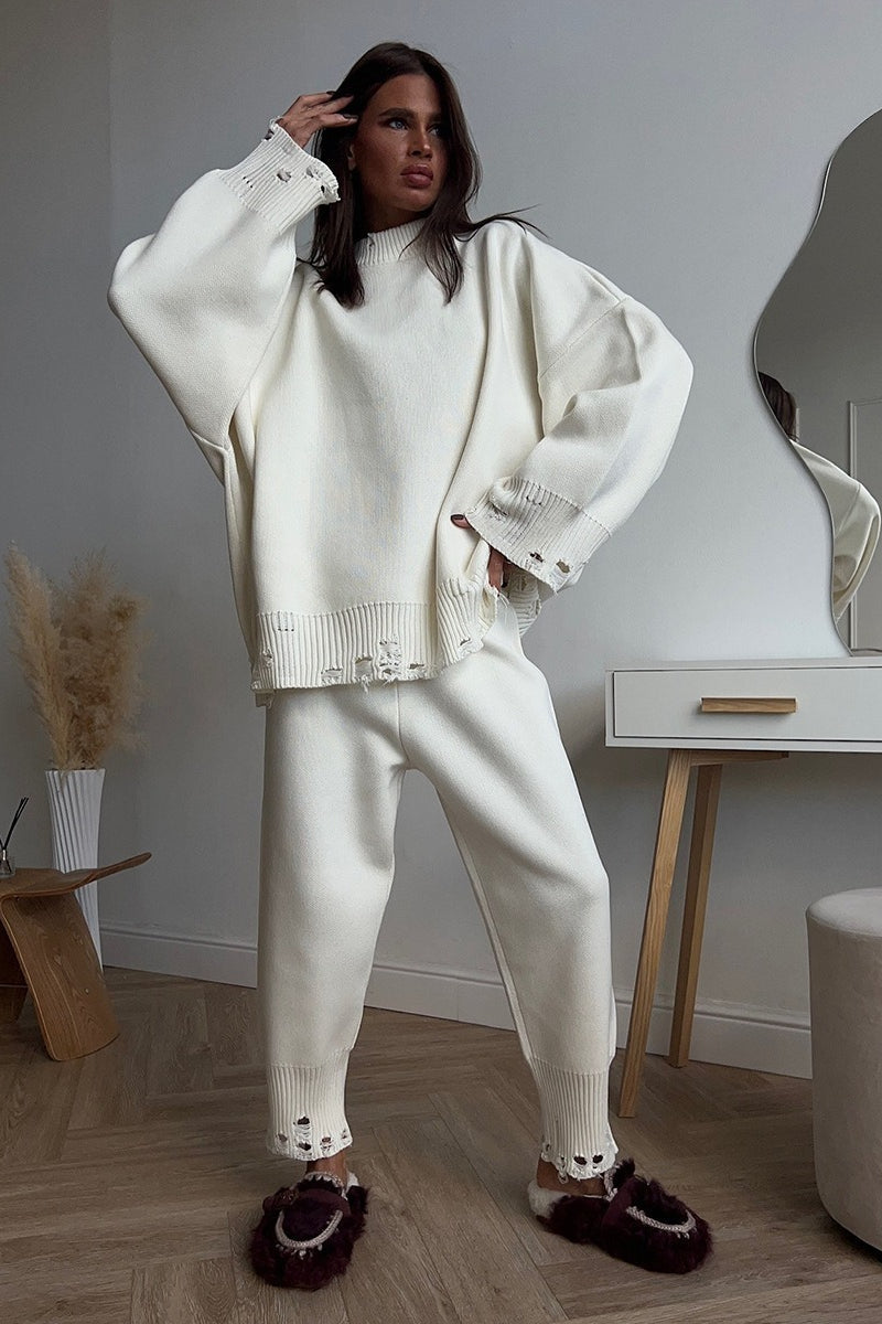 Distressed Knit Crew Neck Sweater Two Piece Set