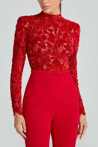 Eleanor Embroidered Lace Long Sleeve Patchwork Belt Flare Jumpsuit