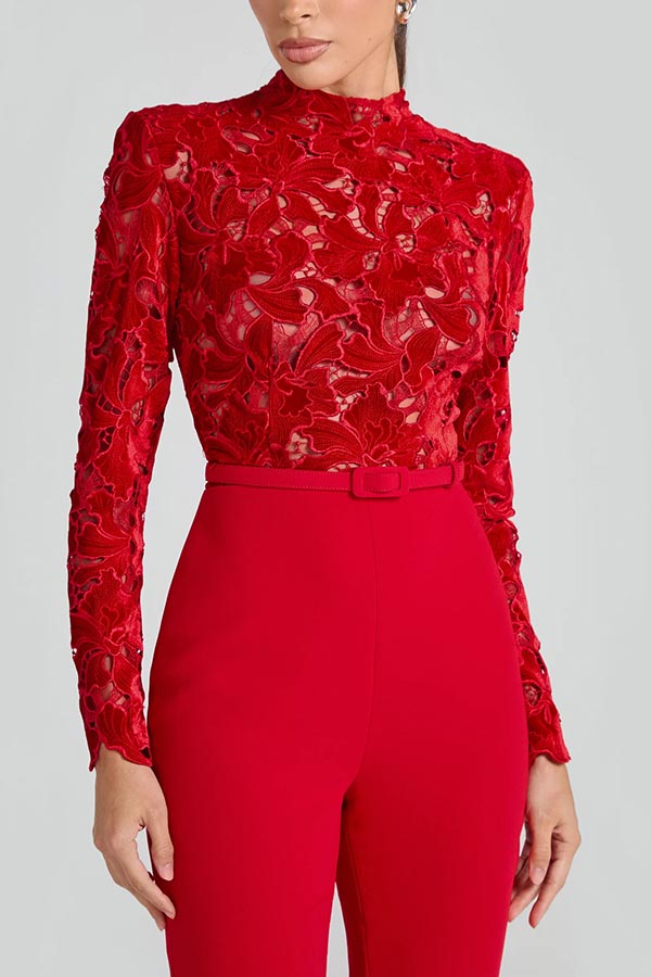 Eleanor Embroidered Lace Long Sleeve Patchwork Belt Flare Jumpsuit