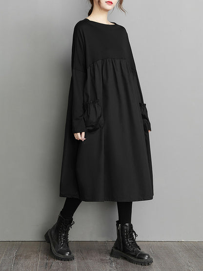Simple Loose Black Split-joint Long Sleeves Midi Dress