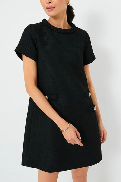 Confident and Tweed Fabric Braided Trim Button Shift Mini Dress