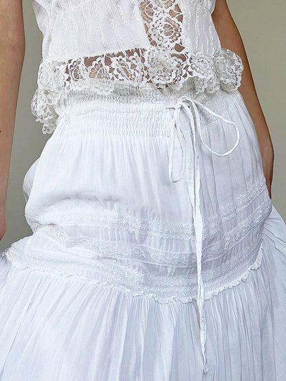 White Lace Splicing Straps Maxi Skirts