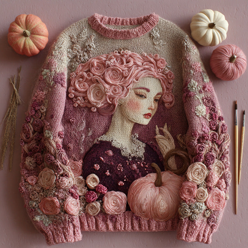 Women's Vintage Halloween Pink Art Knit Sweater elevenforest