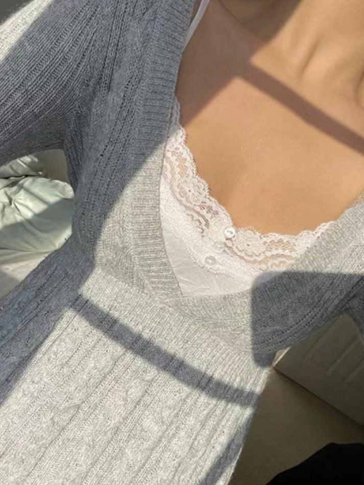 Gray V-neck Crochet a Line Hem Sweater