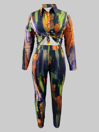Tie Dye Regular Fit Pants Set Shirt Collar Gradient Print Pattern Two Piece Outfit Matching Suit for