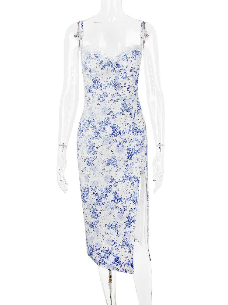 Blue Print Split Midi Dress Robe New Spaghetti Strap Sleeveless Off-shoulder Party Dress