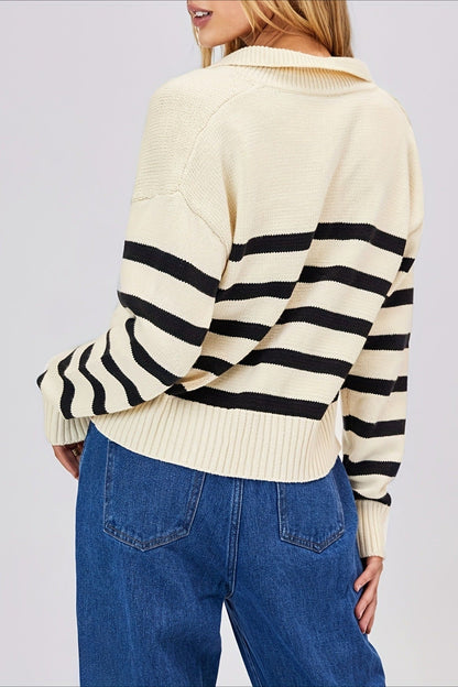 Striped Wool Collar V-neck Sweater