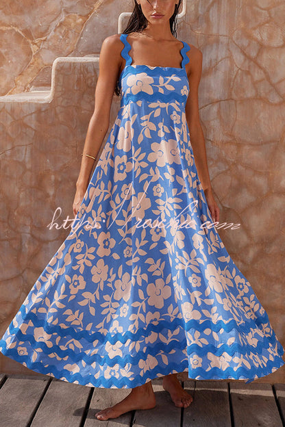 Vivi Print Wavy Suspender Side Zip Maxi Dress