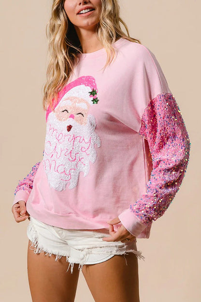 Christmas Loose Round Neck Sequined Sleeve Sweatshirt