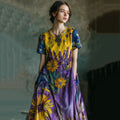 Lavender Starry Sky Oil Painting Print Linen Maxi Dress