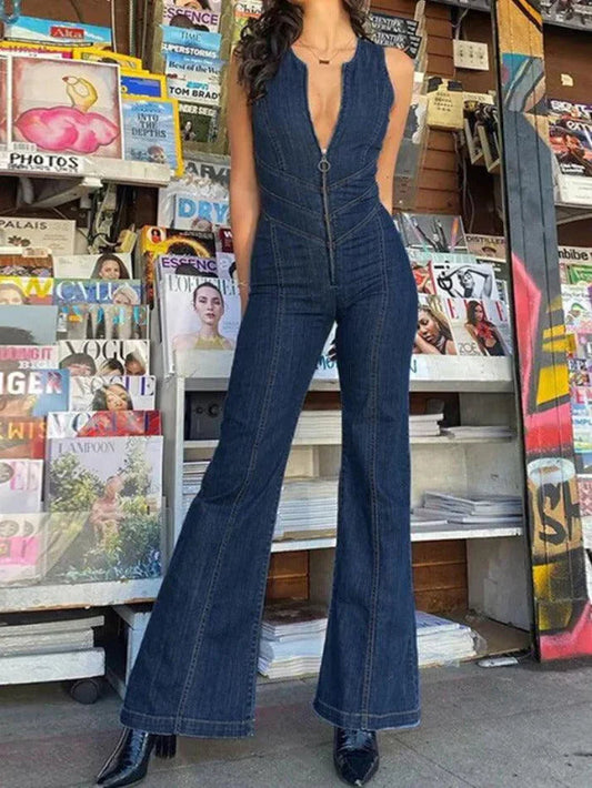 High Rise Denim Jumpsuit With Backless Zip Up