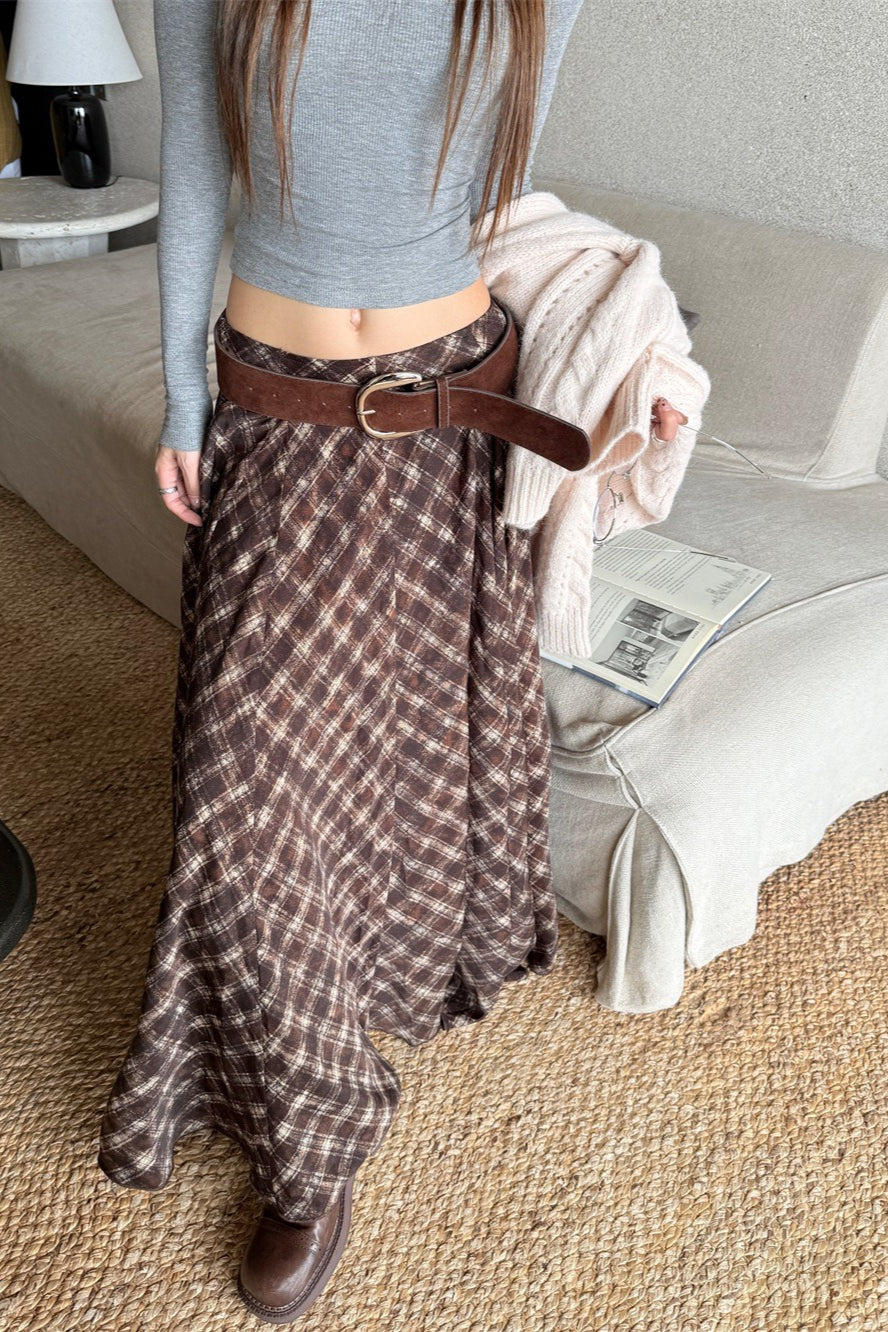 Plaid Earthy Tones High Waist Flowy Midi Skirt