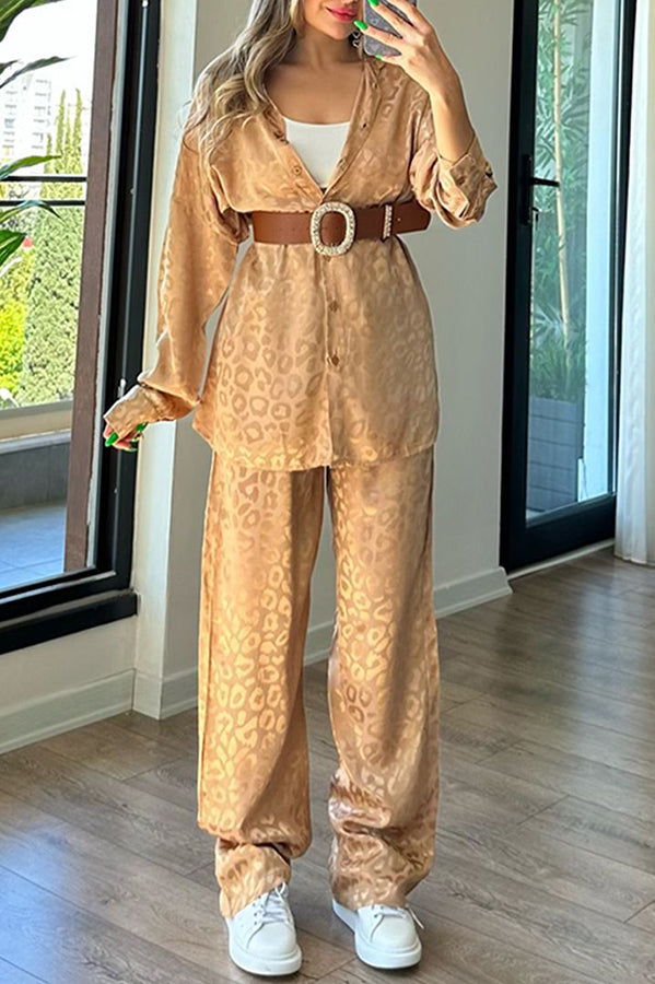 Leopard Print Jacquard Long Sleeved Shirt With Elastic Waist and Pant Two Piece Set