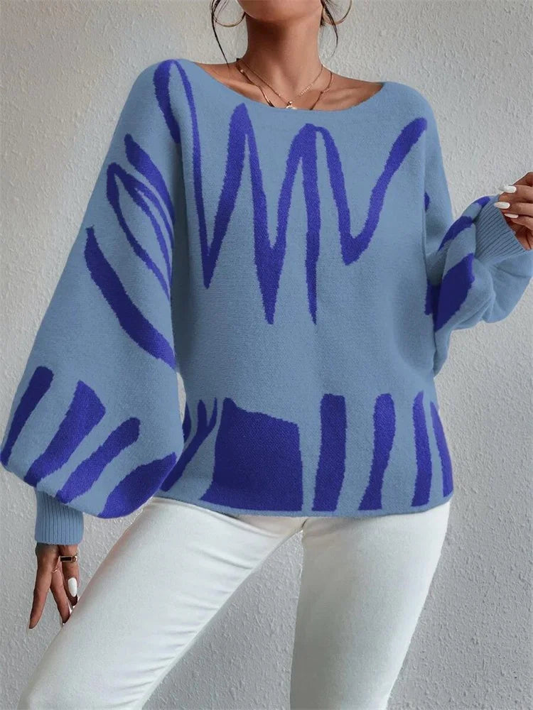 Off Shoulder Sweater for Batwing Sleeve Pullover Knit Loose Jumper Tops Art Printed Spring New Oversized Sweaters
