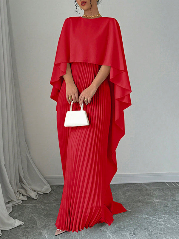 Cape High-low Pleated Color Split-joint Round-neck Evening Dresses Maxi Dresses