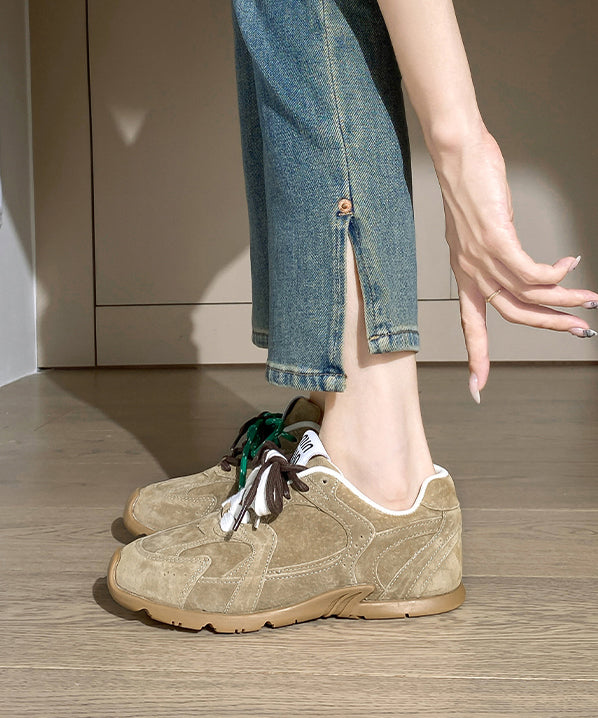 Khaki Lace Up Splicing Platform Sport Flat Shoes for