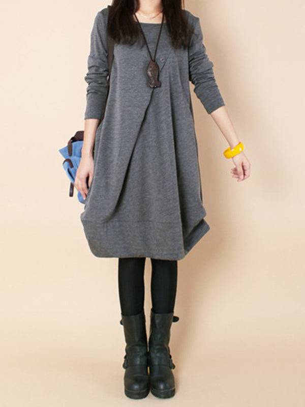 A-line Long Sleeves Pleated Color Round-neck Dresses Maxi Dresses