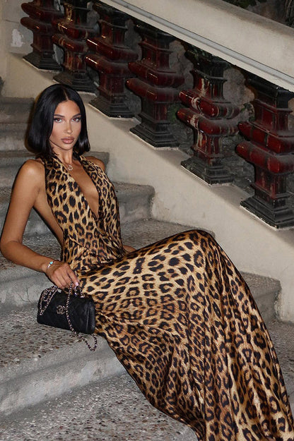 V Neck Leopard Tie Back Maxi Dress