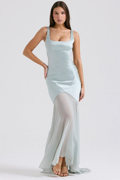 Flowy Satin Chiffon Patchwork Cami Bodycon Maxi Dress