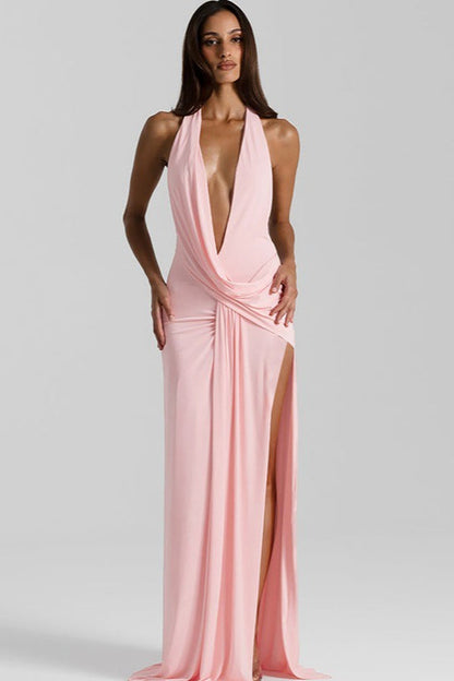 Halter Deep V Backless Slit Floor Maxi Dress