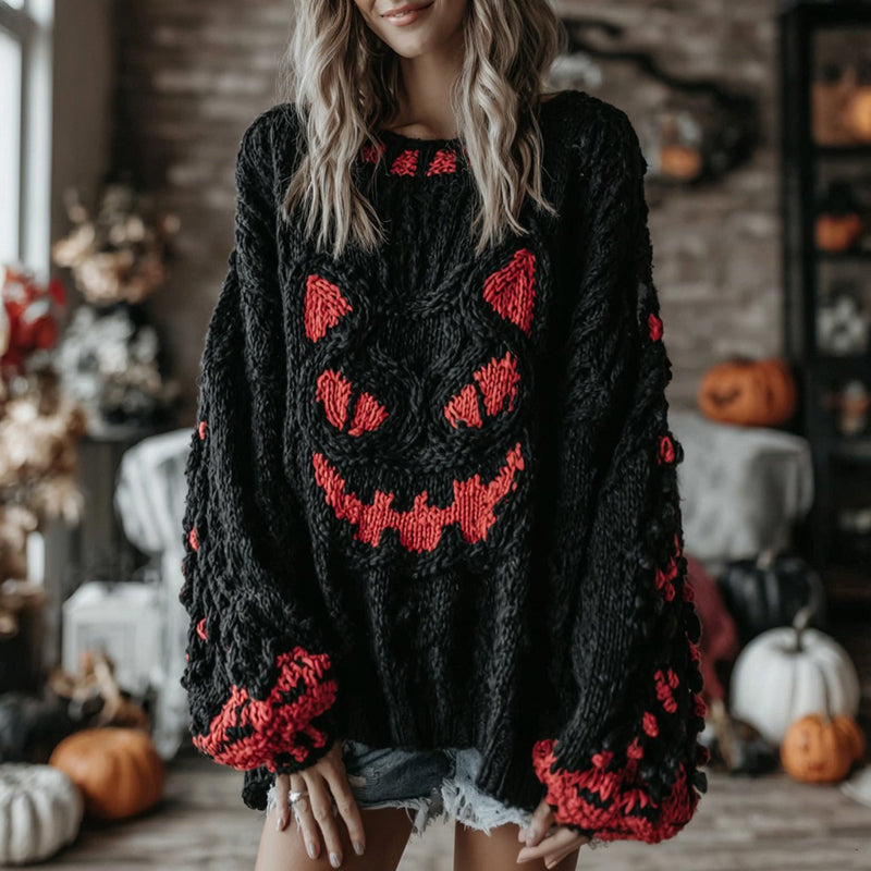 Comstylish Halloween Black Smiley Face Contrast Knitted Cozy Sweater