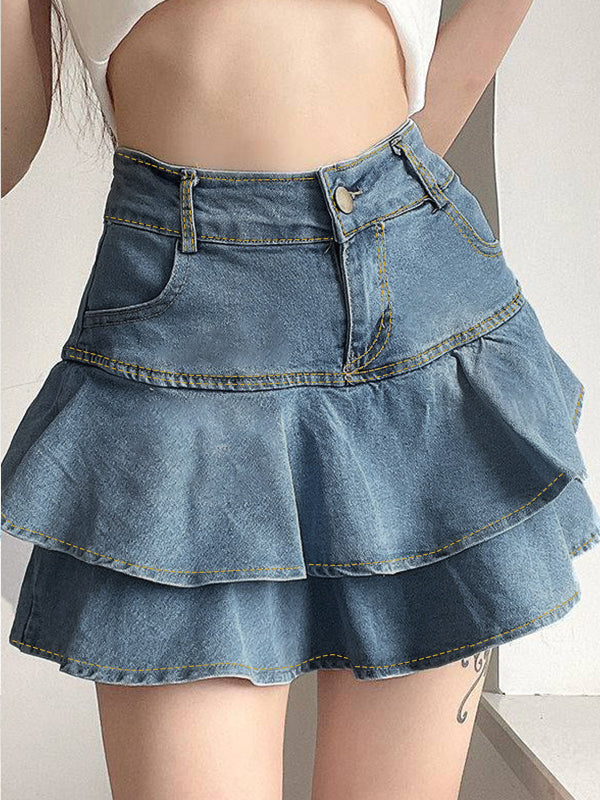 Blue High Rise Tiered Denim Mini Skirt
