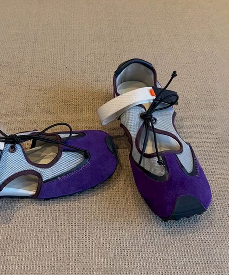 Purple Hollow Out Lace Up Splicing Flat Shoes for