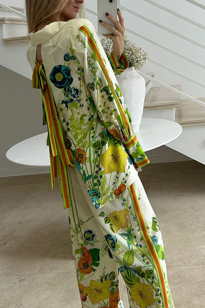 Antibes Satin Print Back Tie-up Button Down Oversized Blouse