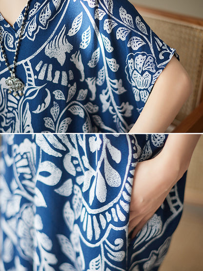 Loose Short Sleeves Printed V-neck Maxi Dresses