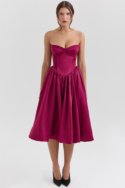 Burgundy Satin Tulle Midi Dress -