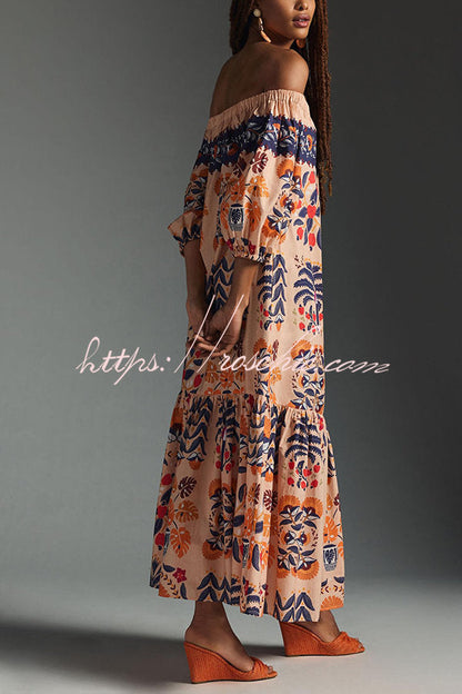 Island Lover Printed Off the Shoulder Pocketed Flowy Midi Dress