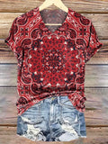 Women's Retro Ethnic Totem Art Pattern Print V-neck Casual T-Shirt