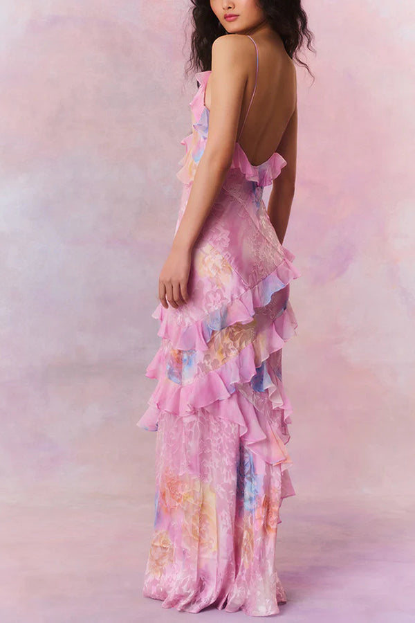 Multicolor Tie-dye Backless Wave-hem Strap Maxi Dress