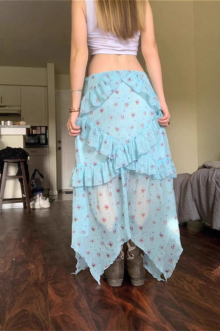 Sheer Low Waist Asymmetrical Ruffle a Line Skirt