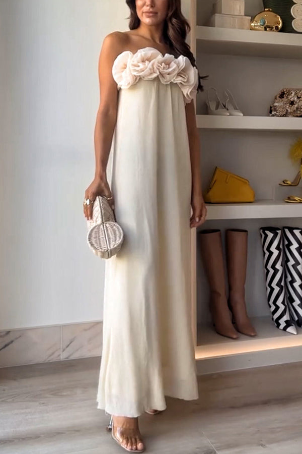 Blooming Flower Applique Elastic Off Shoulder Strapless Maxi Dress