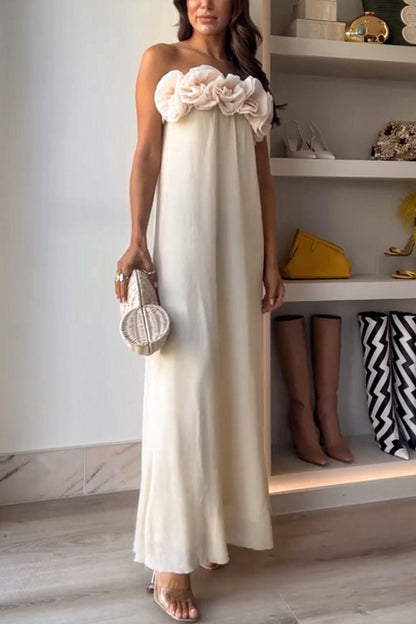 Blooming Flower Applique Elastic Off Shoulder Strapless Maxi Dress