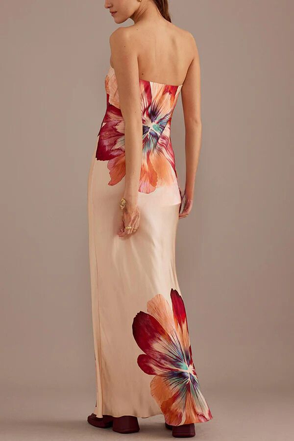 Charming Lady Satin Print Bandeau Loose Maxi Dress
