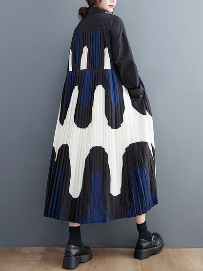 A-line Long Sleeves Contrast Color Pleated Printing Split-joint Polo Midi Dresses