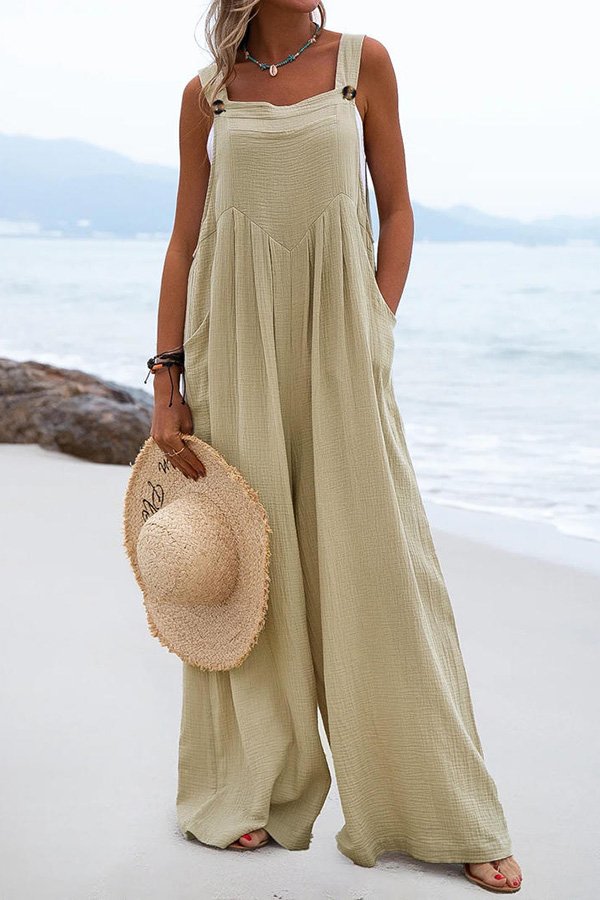 Button Suspender Wide Leg Line Jumpsuit