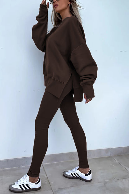 Color Loose Long Sleeve Slitsweatshirt and Elastic Waist Tight Pants Set