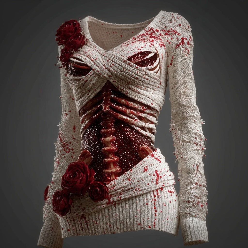 Comstylish Elegant Skeleton Bloody Roses Bandages V Neck Sweater