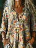 Women's Vintage Ethnic Floral Art Print Casual Cotton Linen Shirt