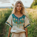 Women's Vintage Bohemian Floral Gradient Cotton And Linen T-shirt elevenforest