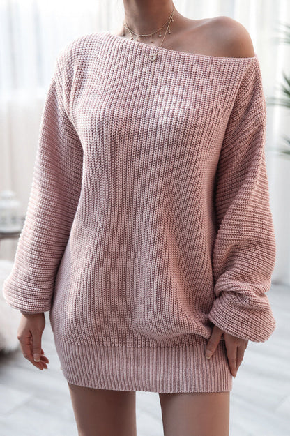 Ribbed Knit Boat Neck Long Sleeve Loose Mini Dress