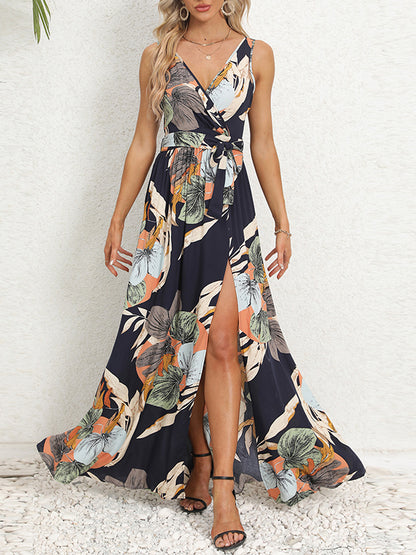 A-line Loose Flower Print Pleated Split-front Tied Waist V-neck Maxi Dresses