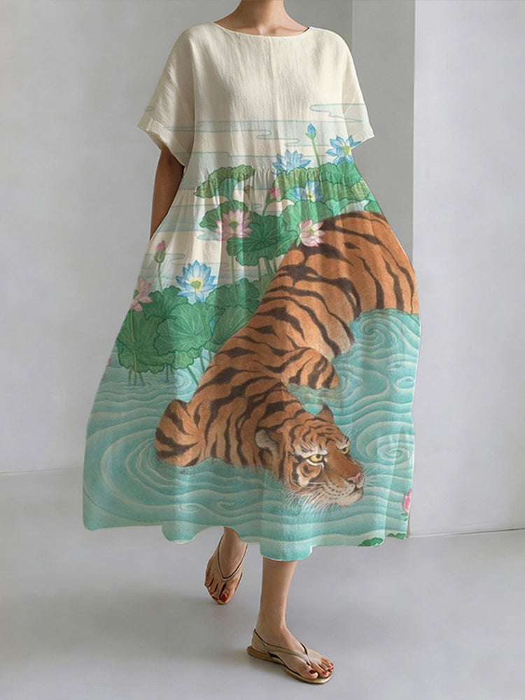 Lotus Pond Tiger Print Round Neck Casual Dress elevenforest