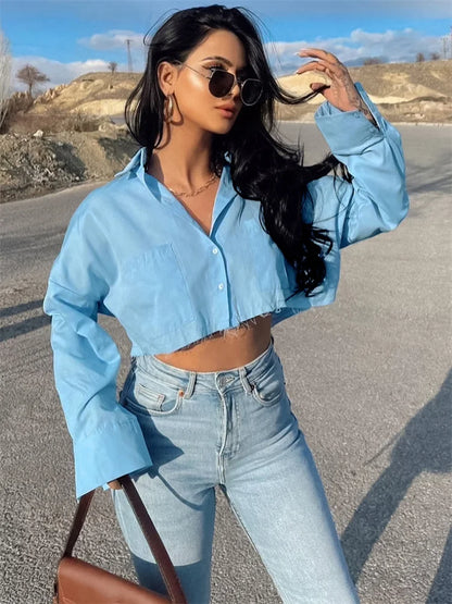 Lapel Pocket Shirts for Long Sleeve Loose Patchwork Crop Top Y2k Outfit High Street Cardigan Blouse
