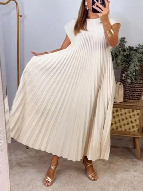 A-line High Waisted Pleated Pockets Color Split-joint Round-neck Maxi Dresses