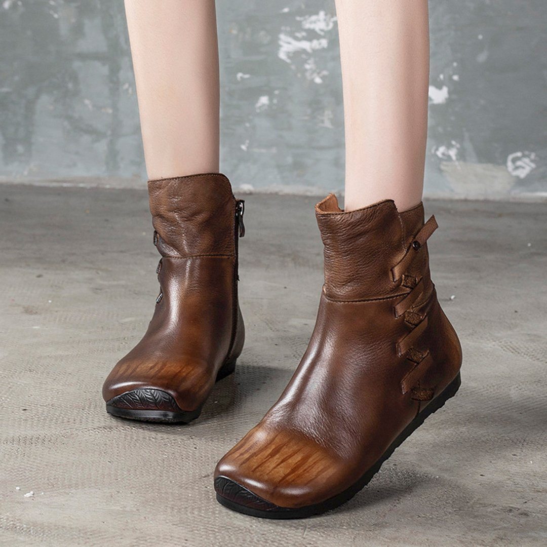 Cozy Side Zippers Leather Flats Martin Boots